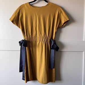 Zara Trafaluc Mini Dress Womens XS Tan Yellow Short Sleeve Bow Tie Fit Flare